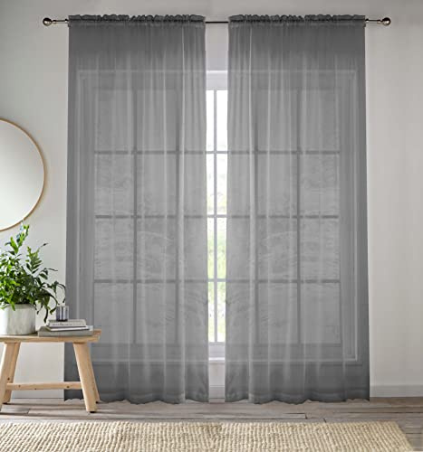 Förbättrade levande grå voile-gardiner för vardagsrumspanelpar – 57 breda x 72 fall – vanligt vävt spår topp genomskinliga gardiner (145 x 183 cm)
