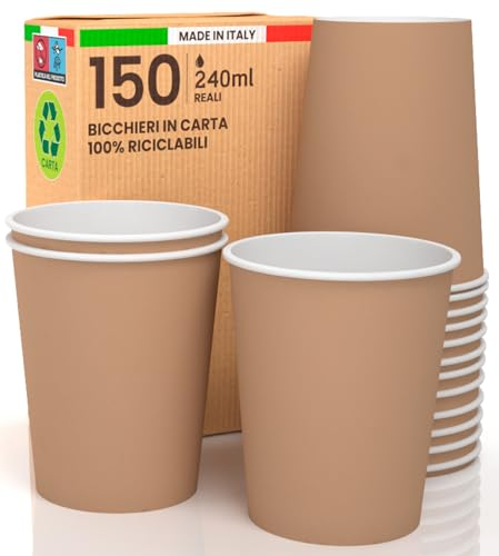 150 vasos de papel color habana de 240 ml ecológicos biodegradables copas desechables, fabricados en Italia, para bebidas calientes y agua – Fabricado y empaquetado en Italia