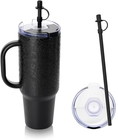 Ideus Isolierbecher mit Griff 40oz (1,200ml), doppelwandige Mehrweg-Kaffeetasse aus Edelstahl, Reisebecher mit auslaufsicherer Abdeckung und Stroh, BPA-frei Heiß und Kalt Halten (Leopard Schwarz)