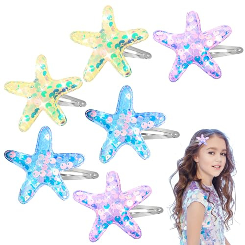 Amabro 6 pinzas para el pelo de estrella de mar, pasadores para el pelo con estrellas de mar, accesorios para el cabello con lentejuelas, pinzas para el pelo de playa y estrella de mar para mujeres y