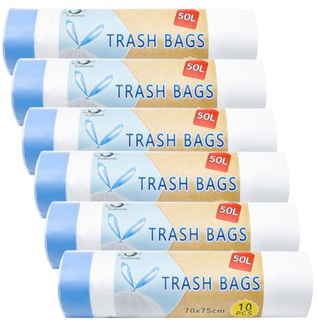 Xcdhemde® 60PCS Sacchi Spazzatura 50L, LxH: 70x75cm, Bianco, Polietilene-Sacchetto Della Spazzatura, UE Adatto per la Maggior Parte dei Medi ''50L'' Pattumiera(6 Rotoli, 10 per Rotolo)