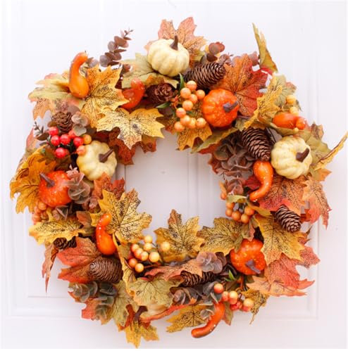 Wreath Artificial Wreath 50cm/20in Christmas Front Door Rattan Garland with Pumpkin Berries Pine Cone Maple Leaves for Thanksgiving Halloween Christmas Autumn Home Decoration