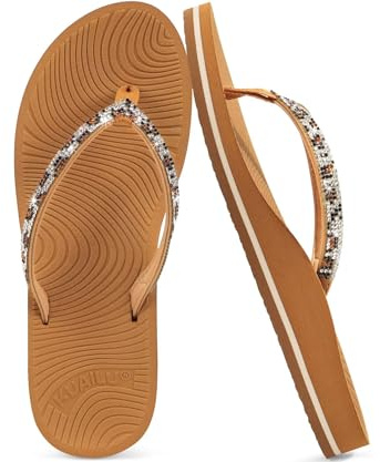 KuaiLu Women's Rhinestone Flip Flops with Comfort Arch Support Yoga Mat Cushion Sandals Fashion Summer Beach Pool Travel Orthotic Walking Thong Sandles Slip on Plantar Fasciitis Khaki 4