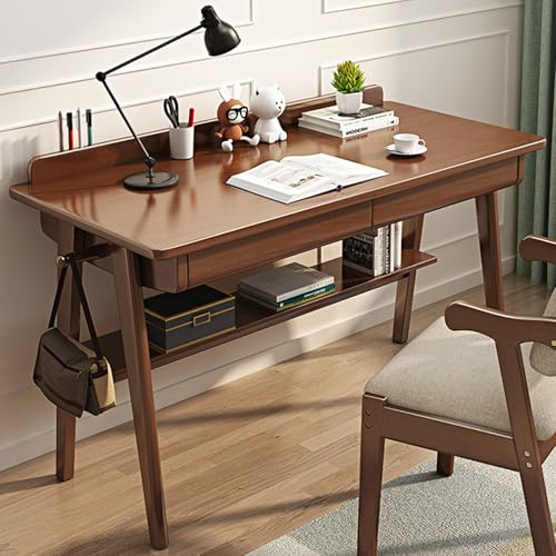Solid Wood Writing Desk with Drawers, mid-Century Modern Desk, Home Office Computer Desk with 2 Drawers and Storage Shelf, Home Office Desk with Hooks for Small Spaces (Walnut, 39.4 * 23.6 * 29.5in)