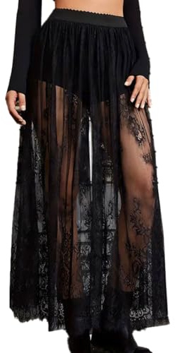 Auriselle Jupe Longue Semi-Transparente en Dentelle Femmes, Sexy 2 en 1, Maille Transparente, Taille élastique Haute, Ligne A, Jupe Maxi Tulle Short, Festival, Streetwear, Clubwear, Noir, M