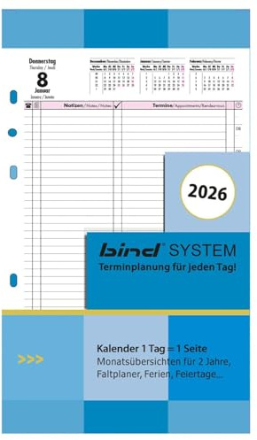 BIND B550326 - Inserto per calendario giornaliero A5, inserto timer per calendario anno 2026, 1 giorno/1 pagina, calendario con sistema, calendario per agenda e agenda standard