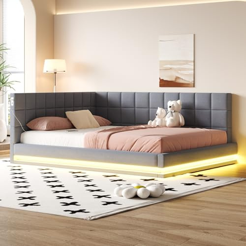 Generisch Canapé-lit rembourré, 160 x 200 cm, multifonction, avec barre lumineuse LED, prise USB et sommier à lattes, tissu en velours doux pour la peau, gris