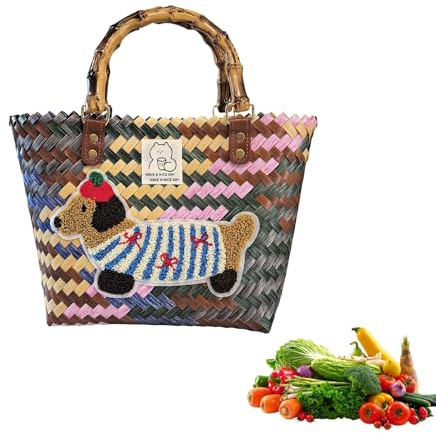 Flanliy Sac Paille Femme, Tissage Plastique Panier Plage, Avec PoignéEs Et Motif Teckel, Panier Courses, Tissé à La Main, En Vigueur Les Pique-Niques, Le Shopping Et Les Voyages, Sac Ete Femme (A)