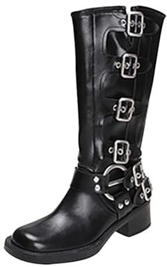 Generisch Mid-Calf - Stivali invernali da donna, gotici con fibbia, tinta unita, altezza del polpaccio, antiscivolo, con tacco grosso, plateau, Nero , 39 EU