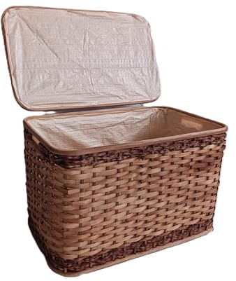 Baule Porta Biancheria in vimini rattan intrecciato a mano con Fodera in Textilene - Contenitore Giocattoli Salvaspazio con Coperchio per Bagno, Camera e Lavanderia - 60x37x41 cm Cesto Portabiancheria