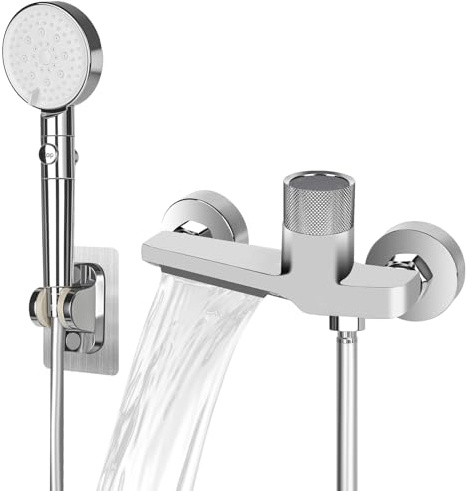CTDMJ Grifo de bañera con ducha de mano, grifo de cascada para bañera, accesorios de bañera con ducha de 1.5m de manguera de PVC y soporte de pared, mezclador de ducha con 5 funciones, grifo de bañera