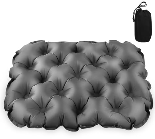 PRETYZOOM Cojín Inflable para Asiento de Estadio y Avión, Portátil, Ligero, Bolsa de Almacenamiento Redonda, Color Gris Oscuro, Adecuado para Senderismo, Camping y Actividades al Aire Libre