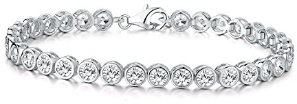 Diamond Treats Bezel 925 Sterling Silber Tennisarmbänder für Damen und Mädchen, Kurzes Silber-Armband mit funkelnden 4 mm weißen Cubic Zirkonia Steinen in einer Lünettenfassung, Silber Schmuck