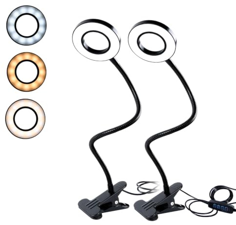 CeSunlight 2-Pack LED Clip Lamp, Desk Clamp Reading Light with USB Cable | Metal Eye Caring Clamp Light, 700LM, 3 Colors and 10 Modes, for Bed Study