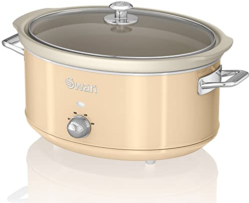 Swan Retro SF17031CNEU Olla Cocción Lenta 6,5L Recipiente Extraíble, Antiadherente Cerámica libre PFOA y PTFE, 3 Niveles Temperatura, Tapa Vidrio, Slow Cooker, Diseño Vintage, Crema, 320W