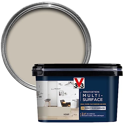 V33 Renovation Multi-Surface Paint - No Undercoat Needed - Over 20 Surfaces - Resistance To Water Stains & Impact - High Coverage - Hemp Satin 2 Litres