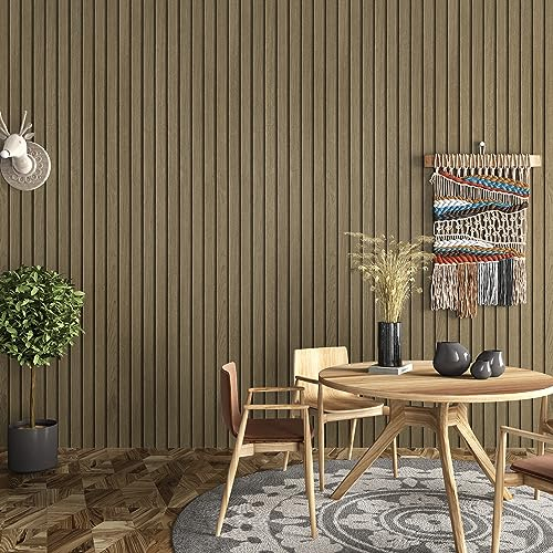 Yullpaper 3d Wood Slat Effect Wallpaper for Living Room Walls Sticky Back Plastic Roll Kitchen Vinyl Wrap for Furniture Cupboards Beige Brown Wood Panel Wallpaper Kitchen Worktop Covering 40cm X 300cm