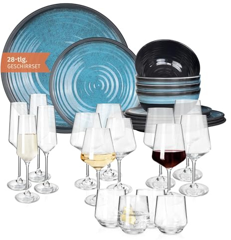 Melamin campingservis set för 4 personer Stone Blue + 16 Milano-glas vattenglas vinglas champagne-glas flûtes Porslin picknick BBQ köksredskap