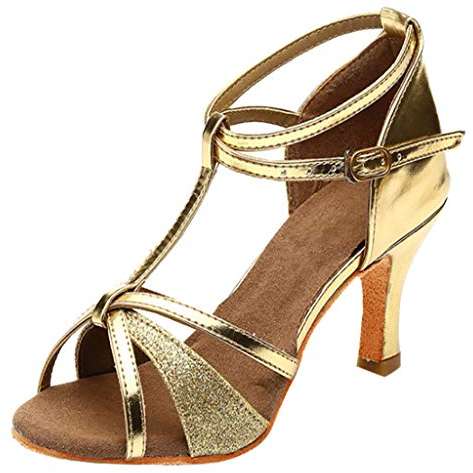 Sandaler damer – dansskor med klack silver standard latin balsal sandaletter rem blockklack pumps salsa tango dansskor mjuka höga klackar spännpumps sommar eleganta brudskor, Guld, 39