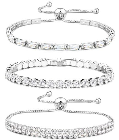 JeweBella 3 Stück Armband Damen Gold Silber Glitzer Tennis Armband Diamant Zirkonia Verstellbare Armband Stapel Tennis Armbänder Set