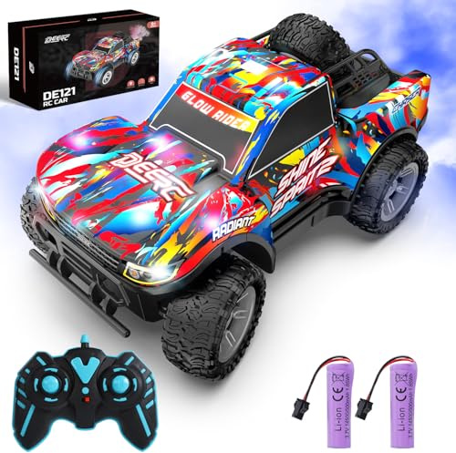 DEERC Voiture télécommandée pour garçons et Filles de 4 à 8 Ans, Camion radiocommandé avec Musique et lumières LED colorées, véhicule de Drift Tout-Terrain 2,4 GHz, 2 Piles, 40 Minutes d'autonomie