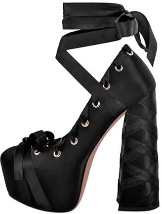 VERISSON Scarpe da donna con plateau e tacco alto Lolita con cinturino, tacco a blocco con fiocco, Nero , 38 EU