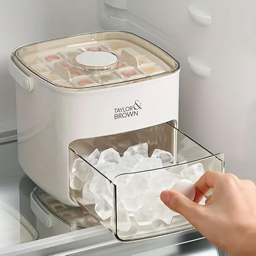 Taylor & Brown Easy Press Ice Cube Holder with Lid, Ice Bin and Tongs, Food-Grade Silicone Moulds, Release All Ice Cubes in One Second, Reusable 48 Ice Cube Tray Storage Box Party Bar