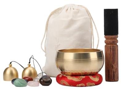 Tibetan Singing Bowl, Hand-Tuned Sound Bowl with 7 Chakra Stone 2 Bells and Carry Bags Portable Meditation Tool Sound Healing Spiritual Gift for Yoga Relaxation