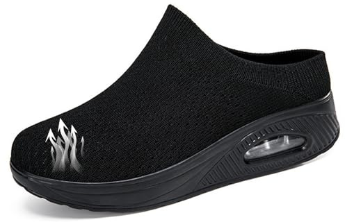 Zapatillas ortopédicas sin espalda para mujer, con plataforma y cojín de aire, zapatos para caminar, malla de punto transpirable, con espalda abierta, Black, 43 EU