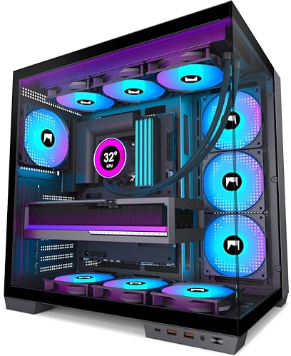 HYXN H1 HYXN ATX PC Case - Pre-Installed with 7 PWM ARGB Fans - Dual Cavity Mid-Tower PC Gaming Case - with Type-C - Can Hold up to 3X 360mm Radiator Support simultaneously (Black, H1)
