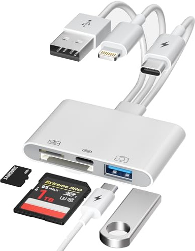 SD Card Reader for iPhone Pad-OTG Adapter & TF/SD Card Reader with USB-C(Data/Charge/Audio)+USB-A for Digital Camera Photo Transfer,Lightning/USB/Type-C 3 Cords to Transfer Photos from Camera to Phone