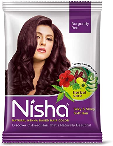 Nisha Hennè, colore rosso bordeaux, confezione da 6 pezzi, colore naturale per capelli vegetali con amla, shikakai, ibisco, aloe vera, ayurvedico, erbe aromatiche, cura dei capelli con adesivo Kajal