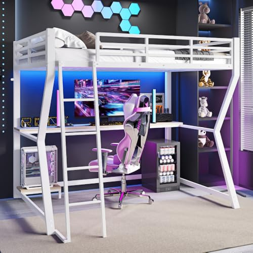 Zepneiy Lit Mezzanine 1 Place 90x200 avec LED et USB, Lit Enfant en Métal avec Bureau et étagère, Lit Mezzanine Enfant avec Console d'ordinateur et Escalier, Lit en Hauteur Structure en Fer, Blanc