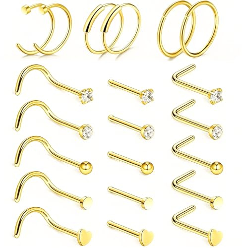 21-delars näspiercing kit, rostfritt stål guld näsringar och stift L-formade med cubic zirconia, piercing smycken för män och kvinnor