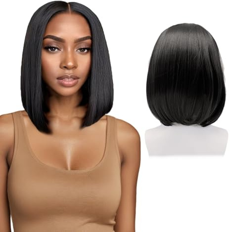 GYIOFAI Parrucca Nera Bob per Donna, Capelli Sintetici Lisci Corti da 12 Pollici /30 CM, Parrucche Lunghe Fino Alle Spalle per Carnevale Cosplay Feste Quotidiano (Nero)