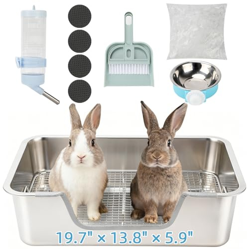 BWOGUE Große Kaninchentoilette aus Edelstahl mit Siebschale, Stahlgitter, Kaninchentoilette, Kaninchentöpfchen für erwachsene Meerschweinchen, Chinchillas, Frettchen, Eichhörnchen, leicht zu reinigen