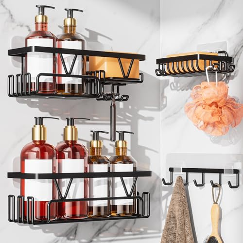 KEGII Adhesive Shower Caddy 4 Pack, No Drilling Shower Organizer with Towel Rack, Hooks & Soap Holder, Self-Adhesive Bathroom Shelves Rack for Space-Saving Storage