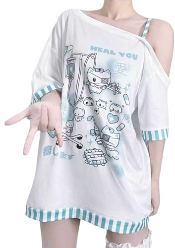Duohropke Y2k Kawaii Shirts für Damen Cartoon Graphic T-Shirt Schulterfrei Cutecore Hemden Harajuku Mode Gothic Tops Estisch Japanisch Sweatshirt Oversize Top Lose Blusa Tunica, Celeste., S