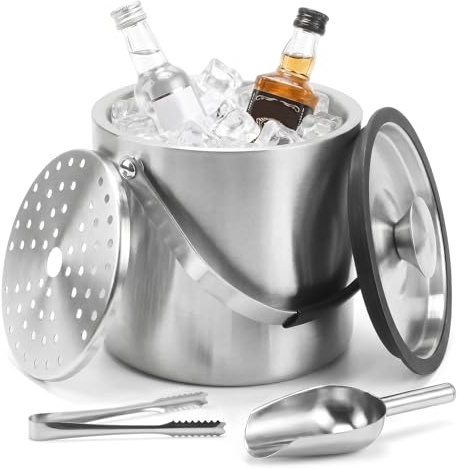 3L Secchiello Ghiaccio, Cestello Ghiaccio Rotondo con Coperchio, Pala, Pinze e Filtro Secchiello Ghiaccio Acciaio Inox a Doppia Parete Isolante per Champagne, Contenitore per Ghiaccio, Bar, Cocktail