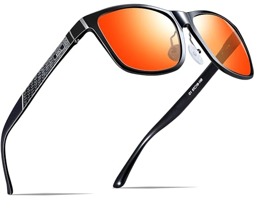 ATTCL Men's Retro Driving Polarized Sunglasses Man Al-Mg Metal Frame Ultra Light UV400 CAT 3 CE (8587-Black Frame/Red Lens(mirrored))