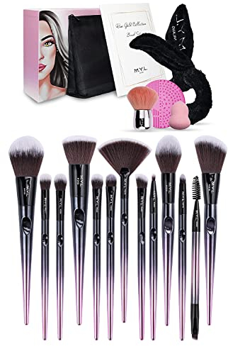 Set Pennelli Make Up Professionali 18 pz M.Y.L – Oro Rosa con Beauty Blender, Fascia e Pochette – Kit Trucco Viso e Occhi per Fondotinta, Cipria, Ombretto, Eyeliner – Setole Morbide Vegan Cruelty Free