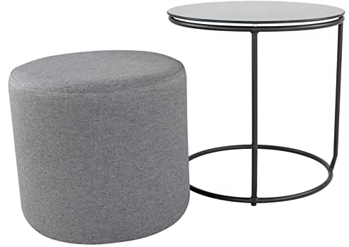 i-flair Nachttisch Beistelltisch mit Hocker Jasper runder Couchtisch und Pouf 40x40 cm N0 Schwarz - Schwarz - Grau