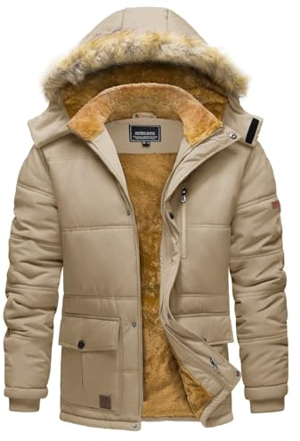 TACVASEN Herren Winter Parka Outdoor Jacket Wandern Snowboard Fleecejacke mit Reißverschluss und Kapuze, (XXL, Khaki)