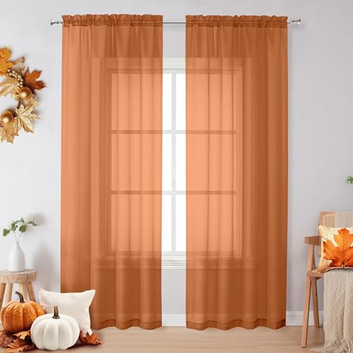 OVZME skira orange gardiner 213 cm längd 2 paneler set, luftig mjuk tuching stav ficka voile draperier för vardagsrum/sovrum, varje 107 cm B x 213 cm L