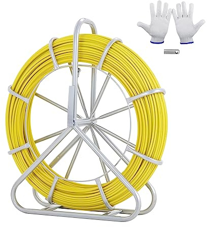 VEVOR Ruban à Poisson en Fibre de Verre 200 m 6,35 mm Aiguille Électricien de Tirage Fil Câble Électrique Extracteur Bobine de Conduit Support Acier 3 Têtes de Traction pour Mur Conduit Non Conducteur