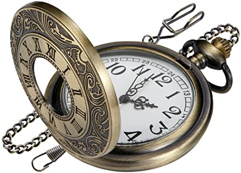 Bronze Hollowed Out Roman Covered Quartz Pocket Watch for Men, Arabic Numerals White Dial Pocket Watches for Men, Men's Quartz Pocket Watch with Chain -Bronze
