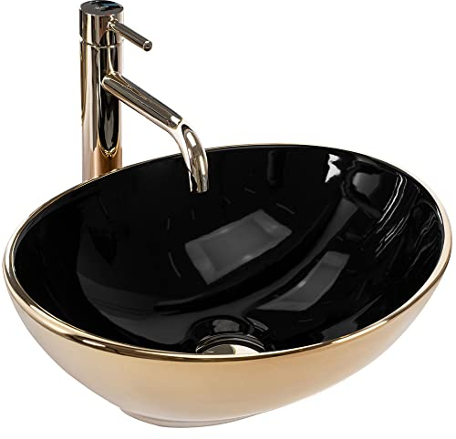 Rea Aufsatzwaschbecken Sofia Black Gold Waschtisch Handwaschbecken Waschschale Waschbecken für Badezimmer aus hochwertiger Keramik 410 mm x 345 mm x 150 mm (Gold/schwarz)