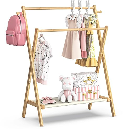 BAMBOOHOMIE - Perchero de ropa para niños, perchero pequeño para mascotas pequeñas, estante de vestir para niños con estante de almacenamiento y varillas dobles, estante plegable para ropa infantil