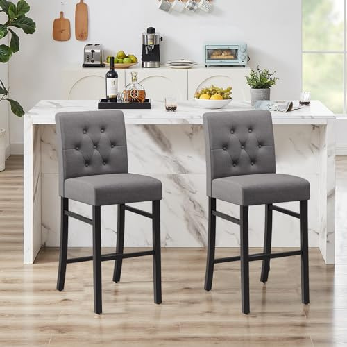 30 Counter Height Bar Stools set of 2 & 4 with Back Fabric Modern Bar Chairs Barstools with Seat Height Upholstered Button Tufted Wooden Island Stools for Kitchen Counter Dining Room(Set of 2, Gray)