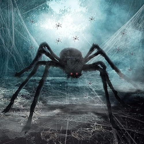 Halloween Spinne Dekorationen, Riesige schwarze Spinne 200cm Halloween Dekoration + 60g Dehnbare weißen Spinnenweben + 10 Fake Spinnen, für Halloweenparty Dekoration von Tisch, Haus und Garten